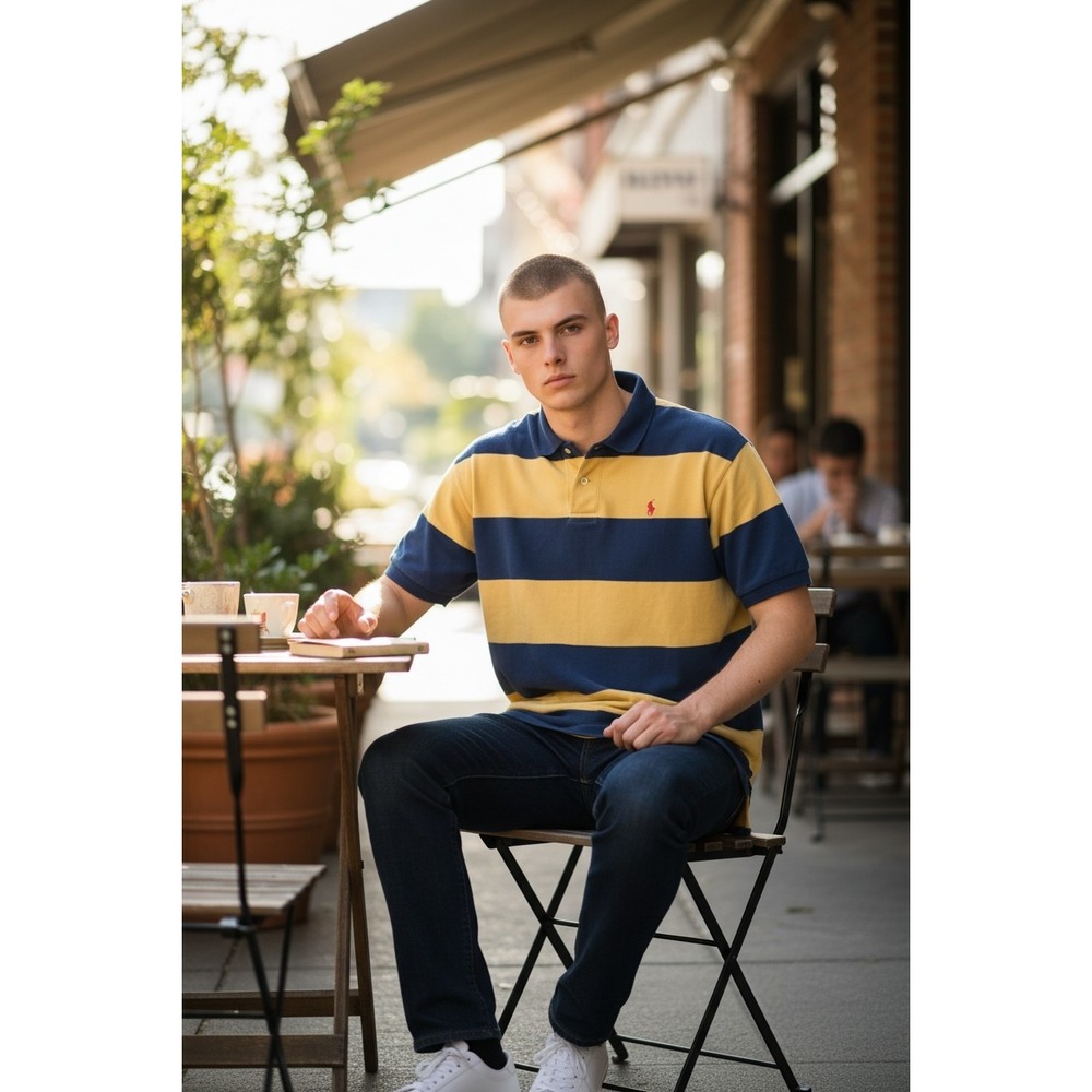 Polo Ralph Lauren Mens Blue Yellow Striped Short Sleeve Cotton Polo‎ Shirt L